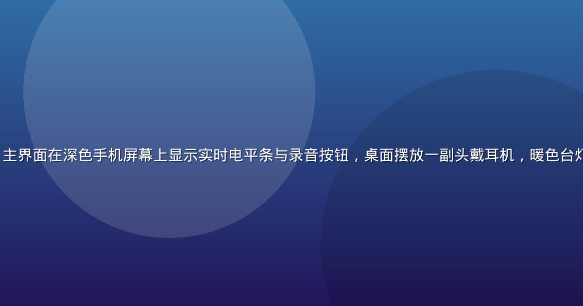 测试麦克风 App 主界面在深色手机屏幕上显示实时电平条与录音按钮，桌面摆放一副头戴耳机，暖色台灯营造安静录音环境